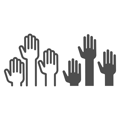 Hands raised up line and solid icon, Education concept, raising up hands in air sign on white background, raised arms icon in outline style for mobile concept and web design. Vector graphics