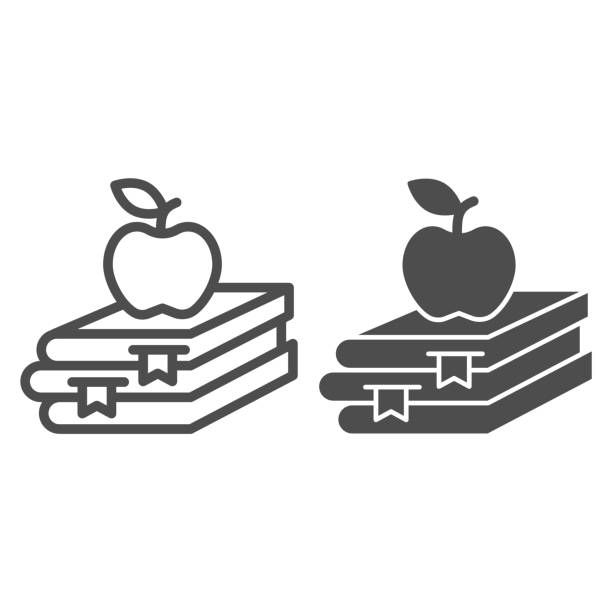 книги и яблоко линии и твердые значок, образование концепции, школьная книга и яблоко знак на белом фоне, стопка книг с фруктами на верхней з - apple stock illustrations