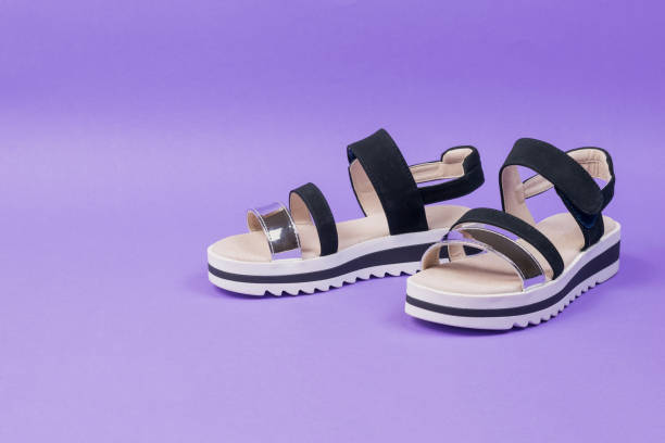 istock Stylish summer black women's sandals on a lilac background. 1253575229