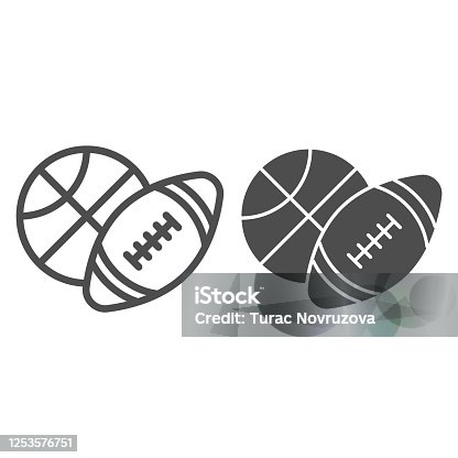 istock Basketball and soccer ball line and solid icon, sports concept, sport balls sign on white background, Basketball and rugby ball icon in outline style for mobile concept, web design. Vector graphics. 1253576751