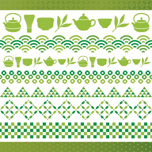 satz von grünen tee-illustrationen. matcha-banner. - tea cup tea green tea chinese tea stock-grafiken, -clipart, -cartoons und -symbole