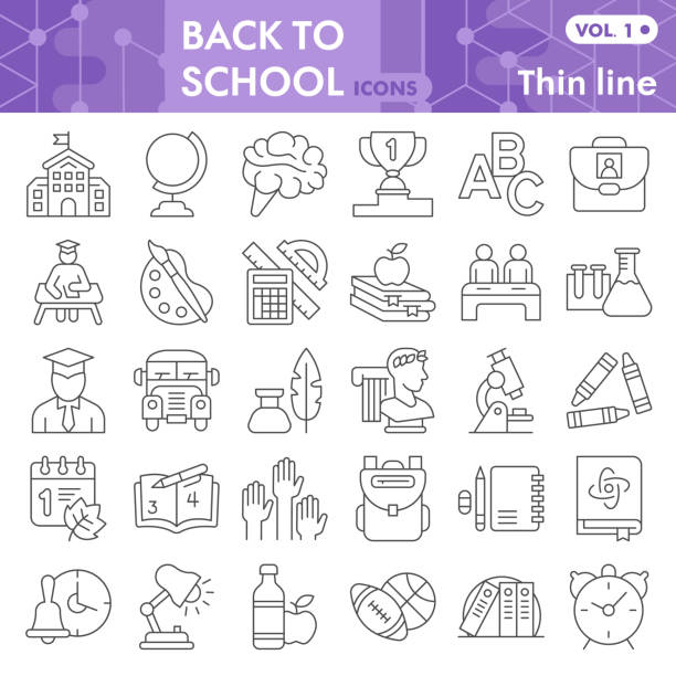 ilustrações de stock, clip art, desenhos animados e ícones de back to school thin line icon set, school symbols collection or sketches. education linear style signs for web and app. vector graphics isolated on white background. - black pencil illustrations