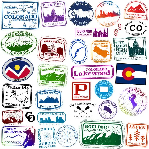 Vector illustration of Colorado State Travel passport style stamps