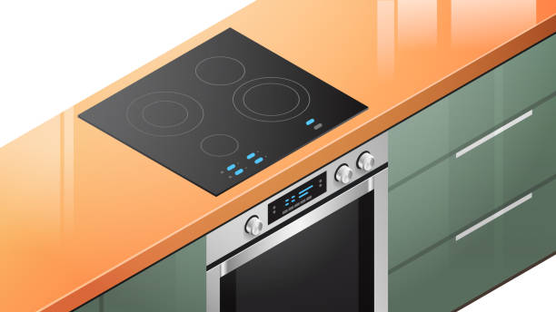 illustrations, cliparts, dessins animés et icônes de cuiseur de poêle à induction de cuisine avec four dans l’équipement de vue isométrique pour la cuisson de l’appareil ménager d’aliments - stove top