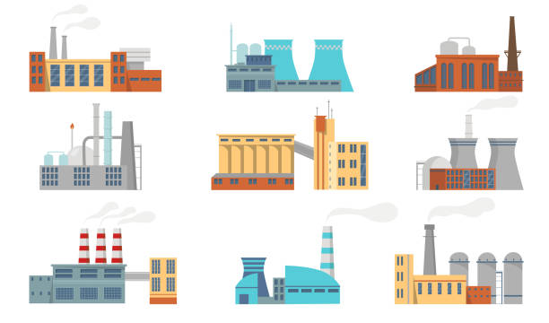 ilustrações de stock, clip art, desenhos animados e ícones de city factories set - factory pollution smoke smog