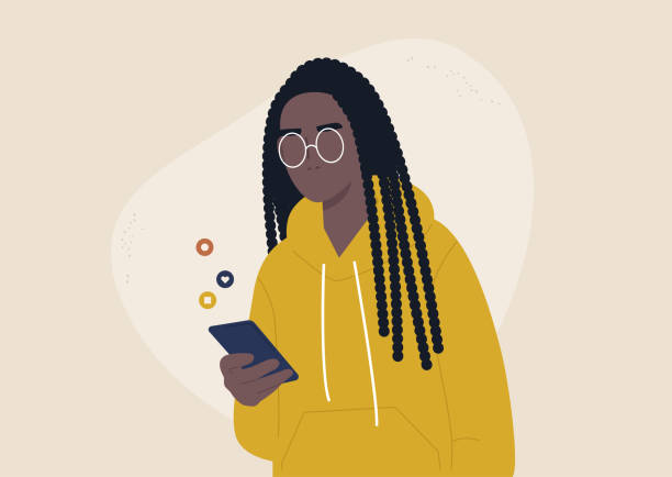 ilustraciones, imágenes clip art, dibujos animados e iconos de stock de tecnologías móviles, joven personaje femenino negro desplazándose en el suministro de noticias de las redes sociales en su teléfono inteligente, estilo de vida de generación z - gen z
