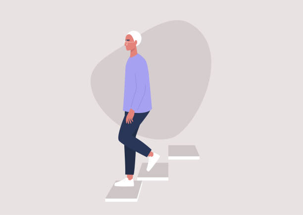 ilustrações de stock, clip art, desenhos animados e ícones de young male character walking down the stairs, building entrance, daily routine - wall profile