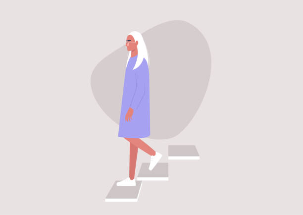 ilustrações de stock, clip art, desenhos animados e ícones de young female character walking down the stairs, building entrance, daily routine - wall profile