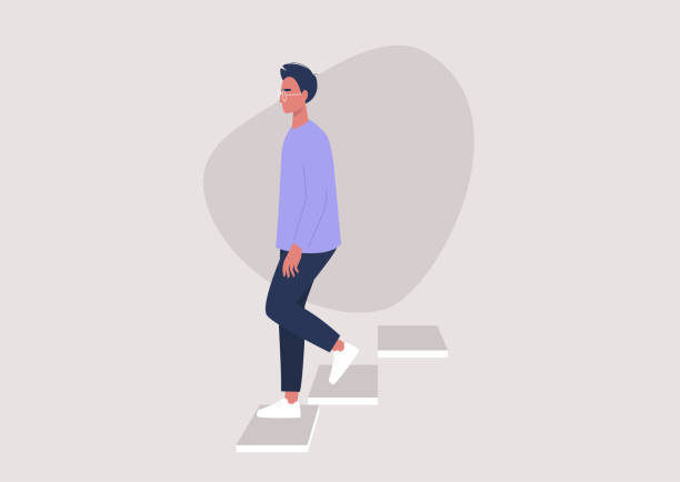 Young male character walking down the stairs, building entrance, daily routine Young male character walking down the stairs, building entrance, daily routine steps illustrations stock illustrations