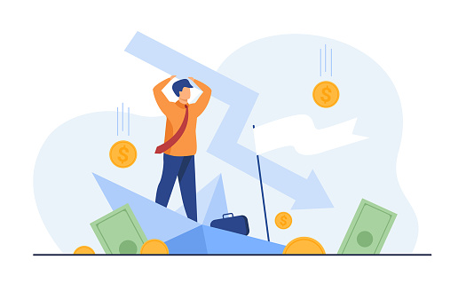 Cartoon man holding arrow falling down isolated flat vector illustration. Tiny businessman during business failure and company problem. Bankruptcy and financial crisis concept