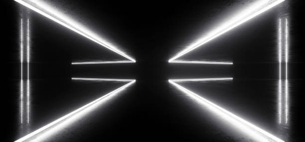 istock Arc Stage Glowing Gate White Neon Sci Fi Futuristic Lasers On Dark  Garage Concrete Grunge Floor Cyber Virtual Background 3D Rendering 1253588909