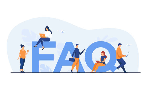 Tiny people sitting and standing near giant FAQ vector art illustration