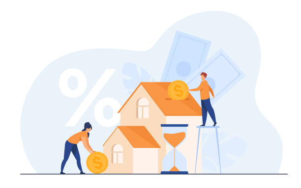 Tiny people buying house in debt Tiny people buying house in debt isolated flat vector illustration. Abstract young couple investing money in property. Mortgage loan, ownership and savings concept home ownership stock illustrations