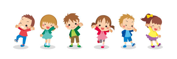 ilustrações de stock, clip art, desenhos animados e ícones de little kids in autumn - smiling little girls little boys autumn