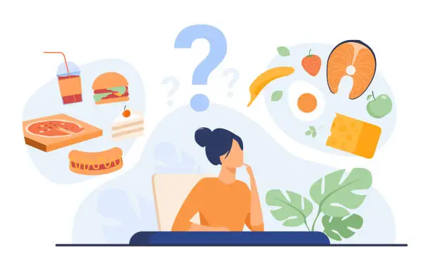 Vector illustration of Cartoon woman choosing between healthy meal and unhealthy food