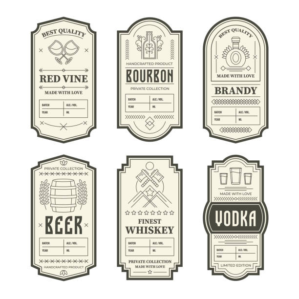 ilustrações de stock, clip art, desenhos animados e ícones de various vintage alcohol bottle labels se - whisky