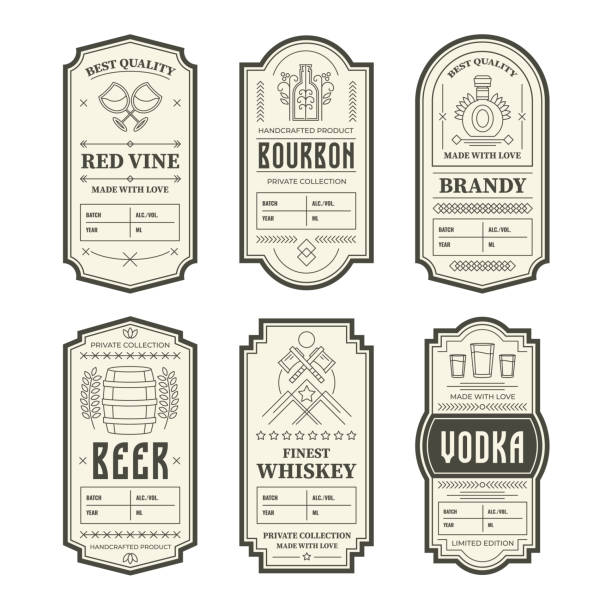 Various vintage alcohol bottle labels se Various vintage alcohol bottle labels set. Geometric gin, bourbon, whiskey, wine and liquor emblem design vector illustration collection. Packaging tags and decoration concept gin label stock illustrations