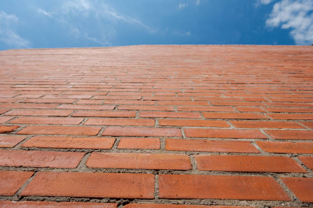 Looking up at a tall brown brick building with no windows and clear blue sky above.