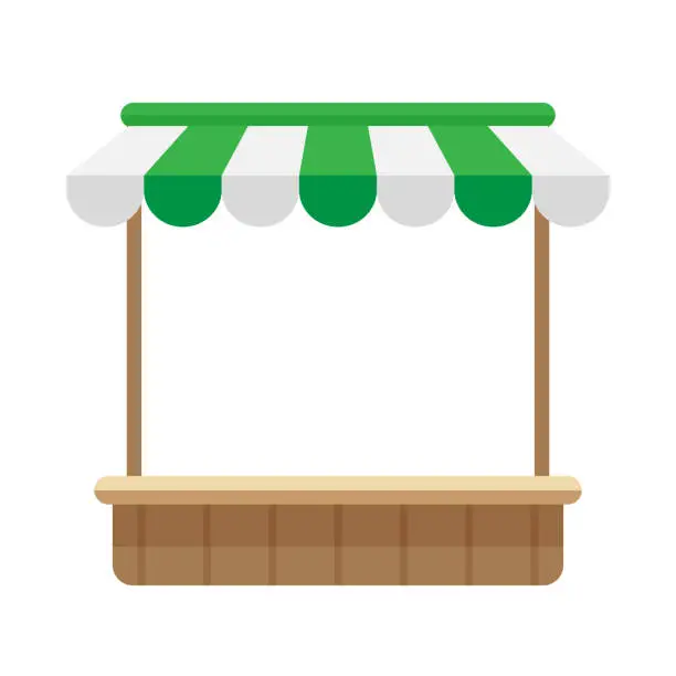 Vector illustration of icon storefront shop green awning roof, mini market store shop wooden with awnings, template symbol shop online, clip art flat wood grocery facade for online shopping, illustration wood shop front