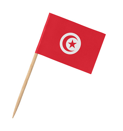Small paper Tunisian flag on wooden stick, isolated on white