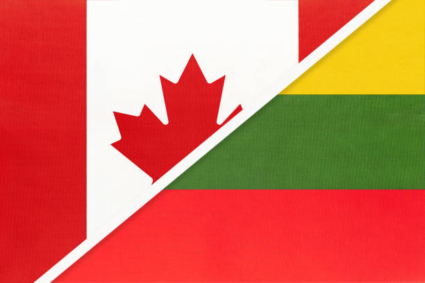 istock Canada and Lithuania, symbol of national flags from textile. Championship between two countries. 1253592113