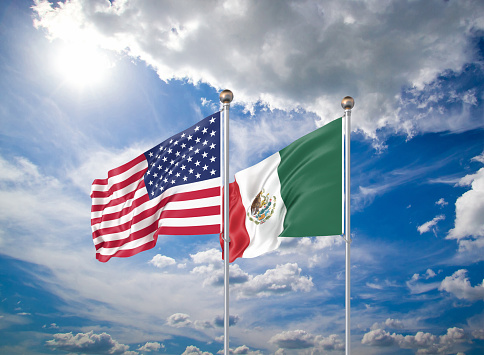 Realistic 3D Illustration. USA and Mexico. Waving flags of America and Mexico.
