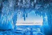 icicles on the icy coastal cliffs of Olkhon Island,Baikal Lake,Russia