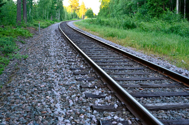 low perspective of rail tracks into a bend to the right