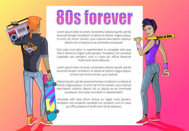 80-х годов навсегда плакат со стильным мужчиной и женщиной - teen pop stock illustrations