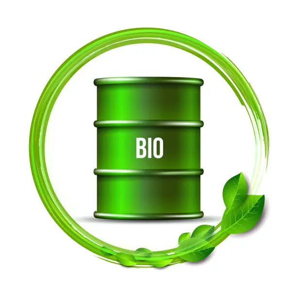 Vector illustration of Green barrel of biofuel with word BIO and green leaves isolated on white