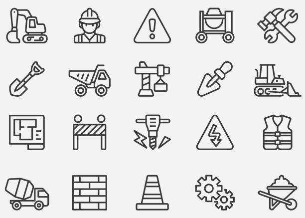 Under Construction Line Icons Under Construction Line Icons hardhat roadblock boundary barricade stock illustrations