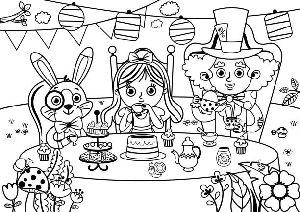 illustrations, cliparts, dessins animés et icônes de alice noire et blanche au pays des merveilles - tea party party tea little girls