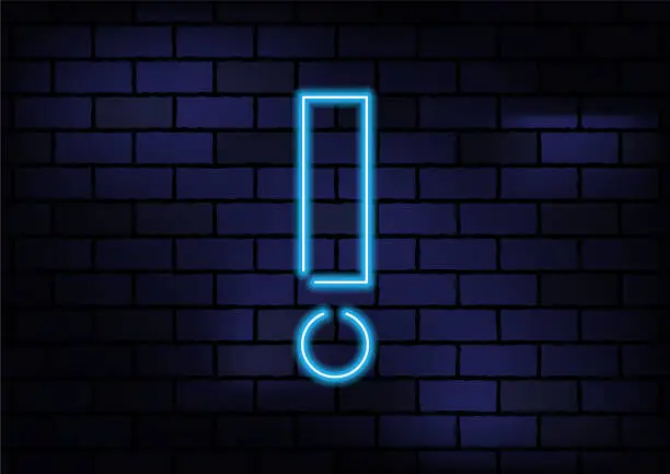 Vector illustration of Exclamation Mark Blue Neon Light On Dark Brick Wall