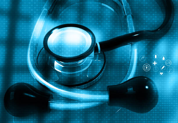 青い科学的背景の聴診器 - healthcare and medicine digital tablet medical exam doctor ストックフォトと画像