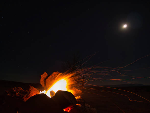 istock Fire with flying sparks from the wind at full moon 1253602483