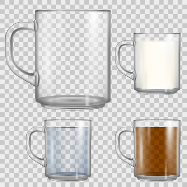Transparent glass cup mockup Mockup of empty glass cup isolated on transparent background. Mug full with tea, water and milk. Vector realistic 3d mock up. glass of milk transparent background stock illustrations
