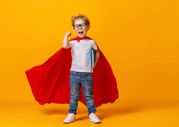 Happy smart superhero showing bicep