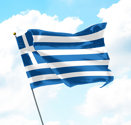 Flag of Greece Raised Up in The Sky