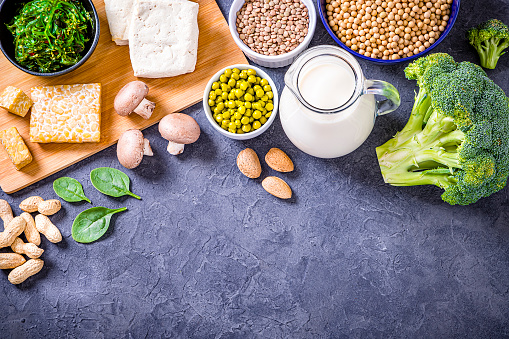 Top view of various kinds of vegan protein sources like tofu, tempeh, soy beans, soy milk, mushrooms, wakame, lentils, peanuts, spinach and chick peas. All the objects are at the top of the image leaving a useful copy space on a gray bluish backdrop. Studio shot taken with Canon EOS 6D Mark II and Canon EF 24-105 mm f/4L
