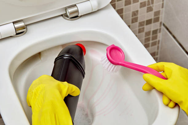istock Bathroom cleaning by a professional cleaner. Rubber gloves for cleaning. 1253607942