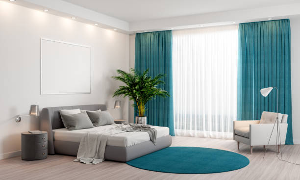 istock Modern bedroom interior design with blue curtains and blue carpet 3d Render 1253609166