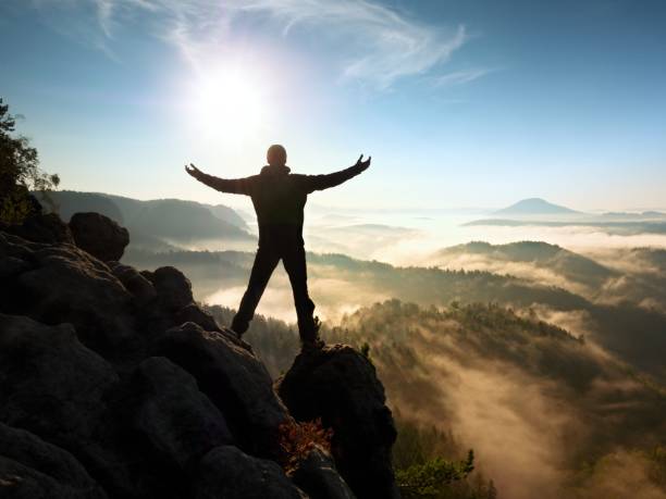 istock Man Standing On Rock Against Sky 1253609353