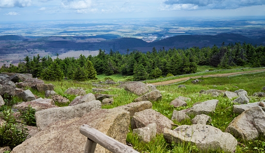 Granite blocks on the Brocken plateau in front of a spruce plantation with a view of the flat Vorharz in the distance to the horizon
