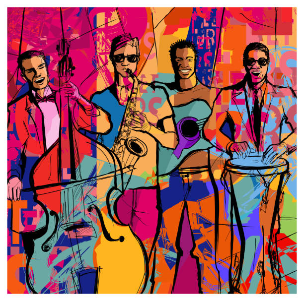 jazzband auf buntem hintergrund - arts and entertainment stock-grafiken, -clipart, -cartoons und -symbole