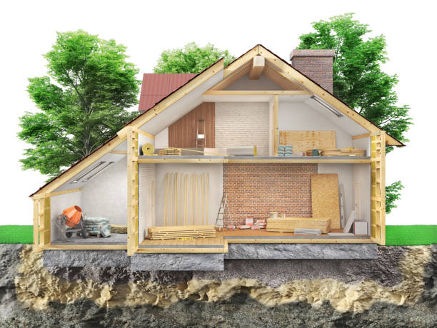 istock Sliced house  in construction process among a garden on a white background in front view . 3d illustration 1253614383