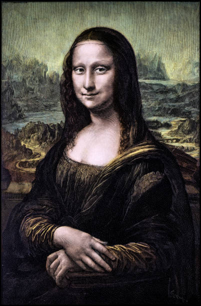 kolorierte gravur von leonardos mona lisa (la gioconda) - porträtgemälde stock-grafiken, -clipart, -cartoons und -symbole