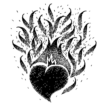 Black burning heart. Fire hearts. Flame heart. Sketch for tattoo, poster, print or t-shirt. Vector handmade illustration.