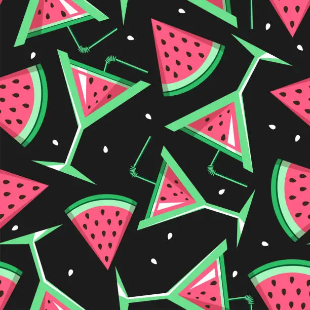 Vector illustration of Seamless pattern with watermelon slices and cocktails. Vector illustration. Watermelon summer background