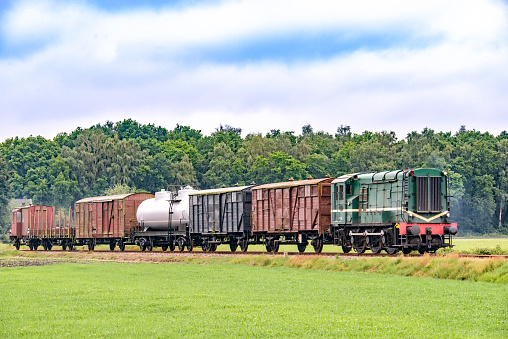 Old diesel freight train pulling various railroad cars in the countryside during an overcast springtime day.