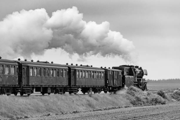 istock Vintage steam train pulling railway cars in a rural landscape 1253618653